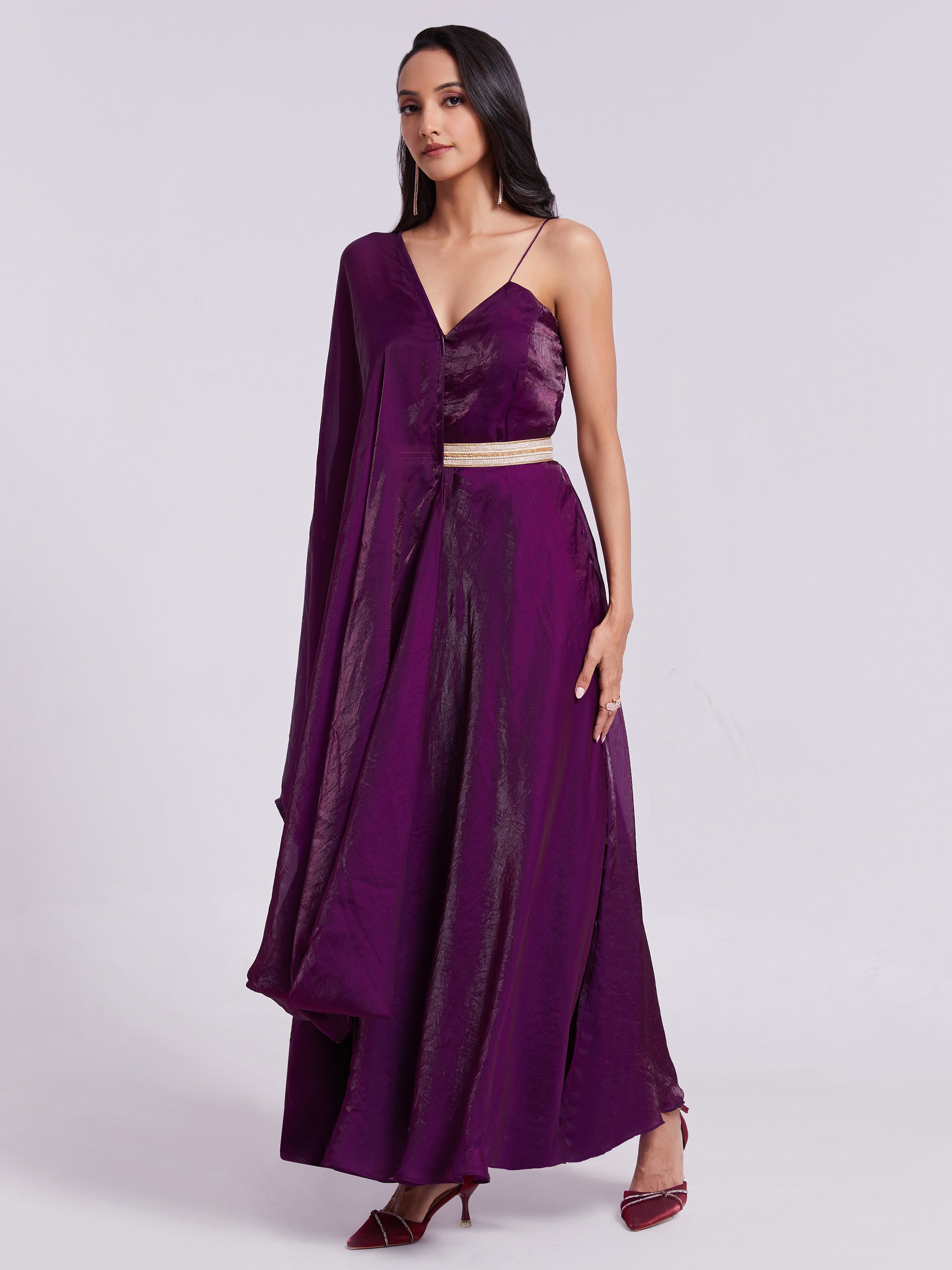Beautiful wine-colored organza event wear gown with matching dupatta for special occasions