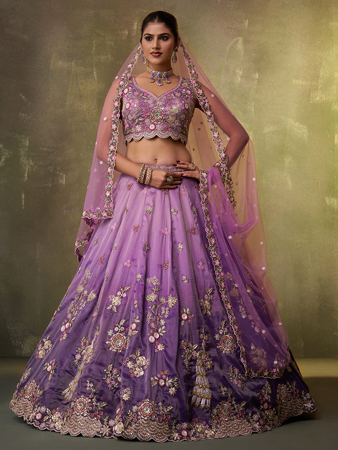 PURPLE - Tissue Fabric Sequins embroidery Semi-Stitched Lehenga & Unstitched Blouse With Dupatta