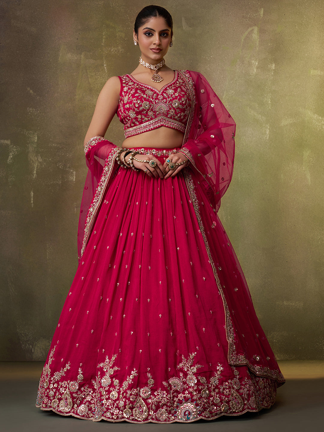 RED - Georgette Fabric Sequins Thread & Embroidery Lehenga & Unstitched Blouse With Dupatta