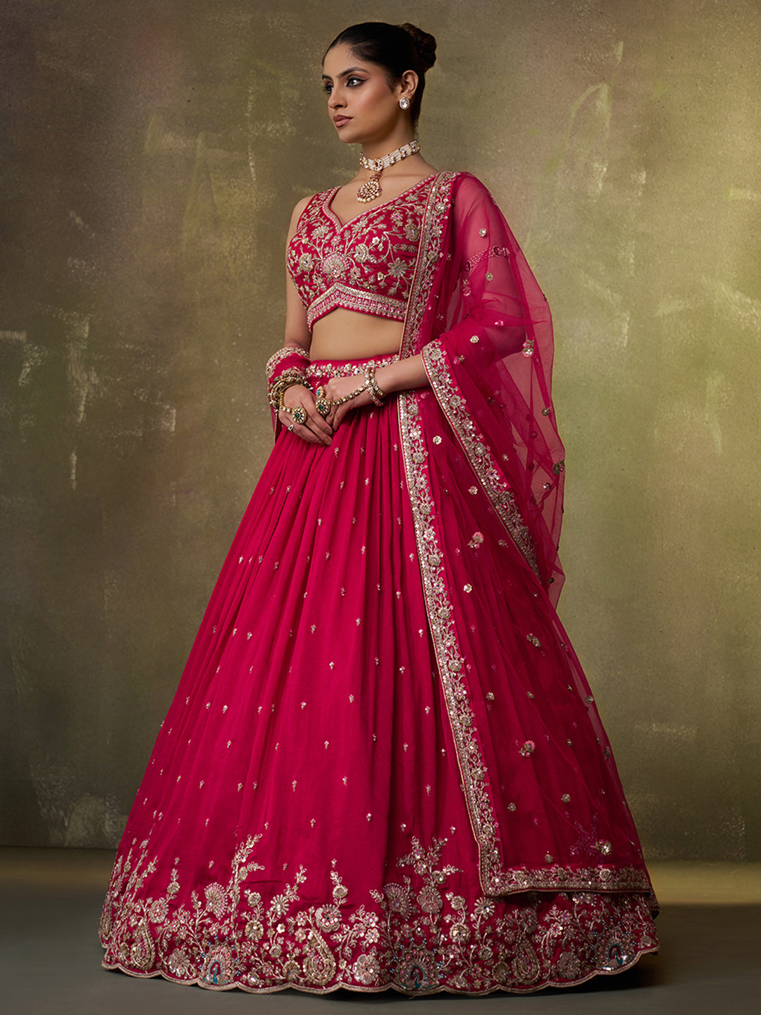 RED - Georgette Fabric Sequins Thread & Embroidery Lehenga & Unstitched Blouse With Dupatta