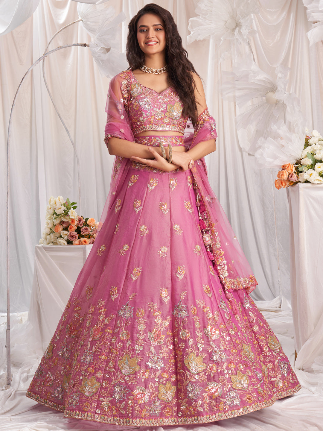 Pink - Organza Patch type work Embroidered Using Golden Color Sequin,Multi-Thread Lehenga Choli