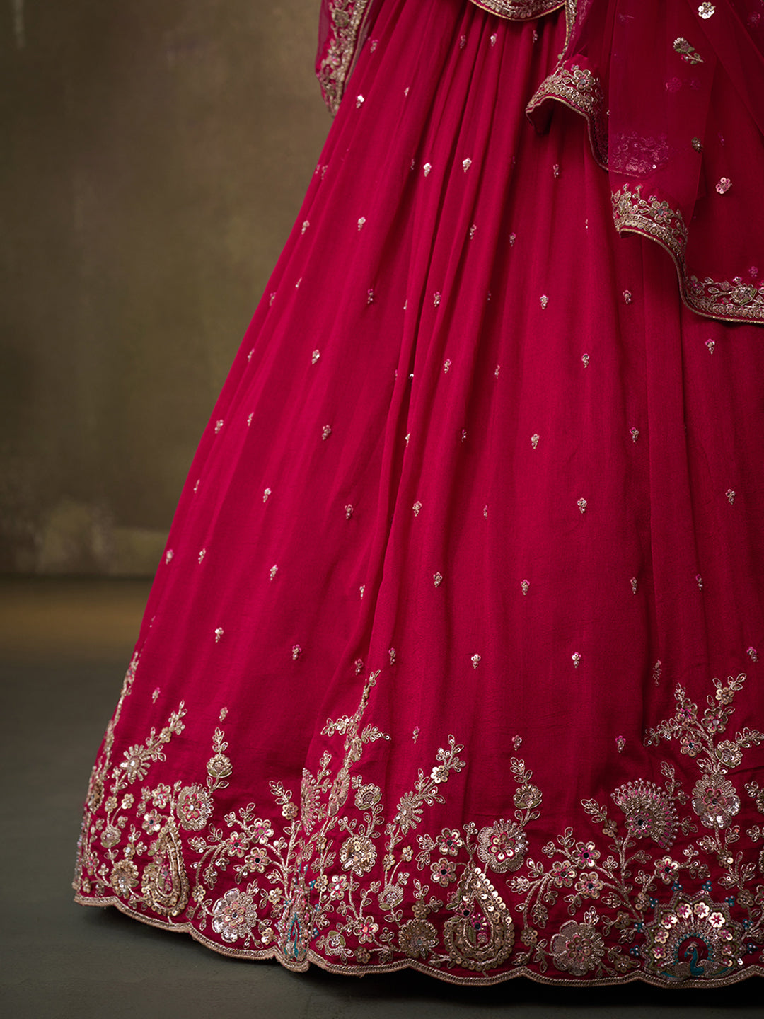 RED - Georgette Fabric Sequins Thread & Embroidery Lehenga & Unstitched Blouse With Dupatta
