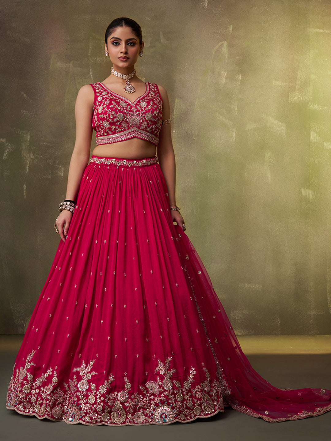 RED - Georgette Fabric Sequins Thread & Embroidery Lehenga & Unstitched Blouse With Dupatta