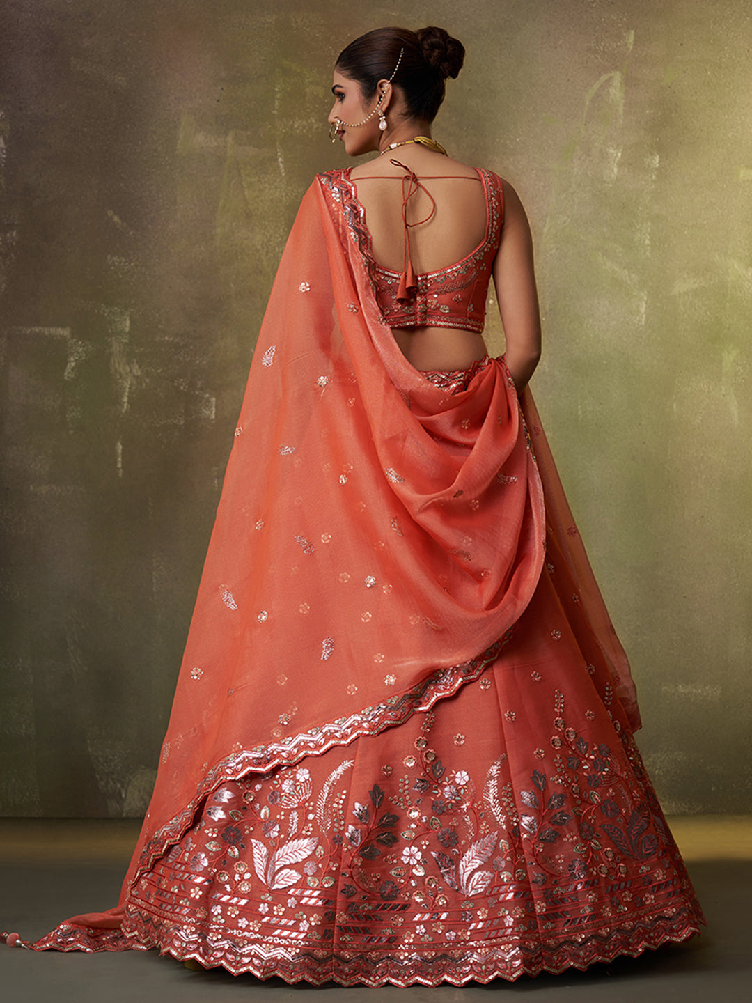 ORANGE - Organza Fabric Sequins & Embroidery Lehenga & Unstitched Blouse With Dupatta