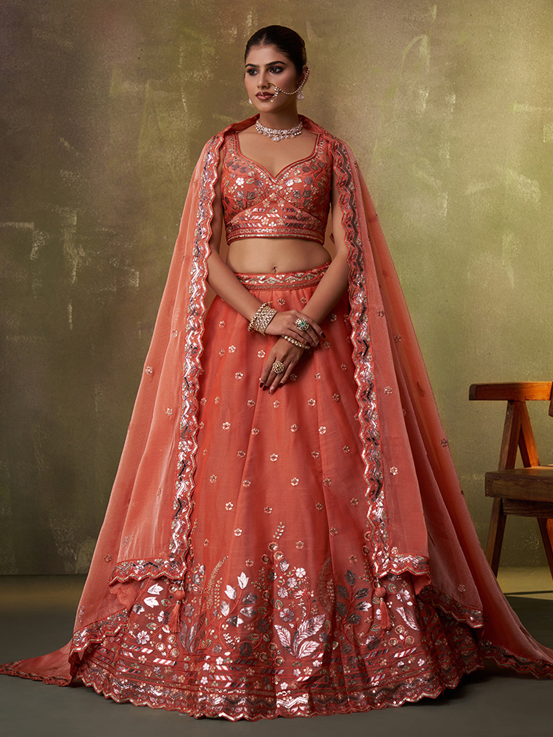 ORANGE - Organza Fabric Sequins & Embroidery Lehenga & Unstitched Blouse With Dupatta