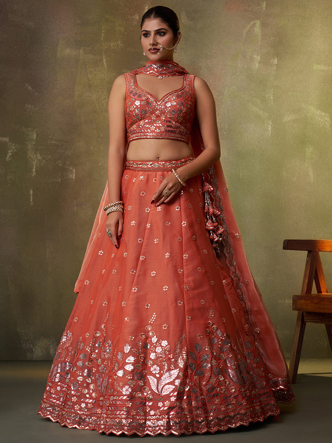 ORANGE - Organza Fabric Sequins & Embroidery Lehenga & Unstitched Blouse With Dupatta