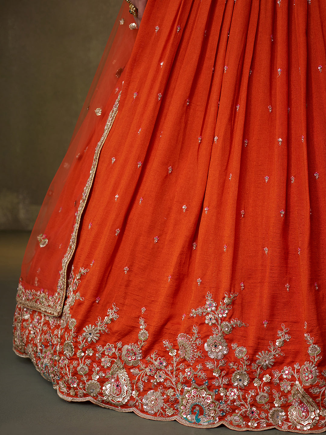 ORANGE - Georgette Fabric Sequins Thread & Embroidery Lehenga & Unstitched Blouse With Dupatta