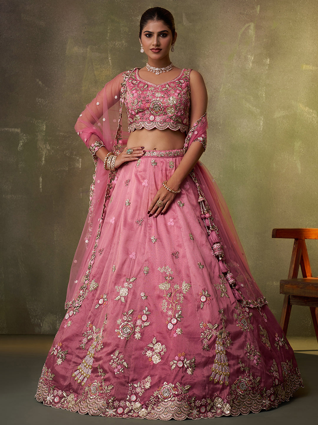PINK - Tissue Fabric Sequins embroidery Semi-Stitched Lehenga & Unstitched Blouse With Dupatta