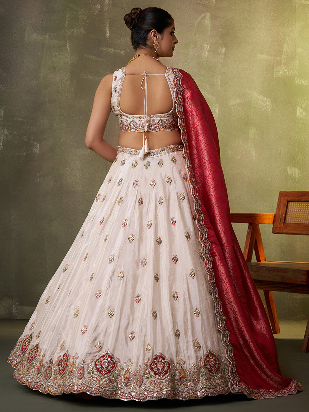 RED - Tissue Fabric Sequins Thread & Embroidery Lehenga & Unstitched Blouse With Dupatta