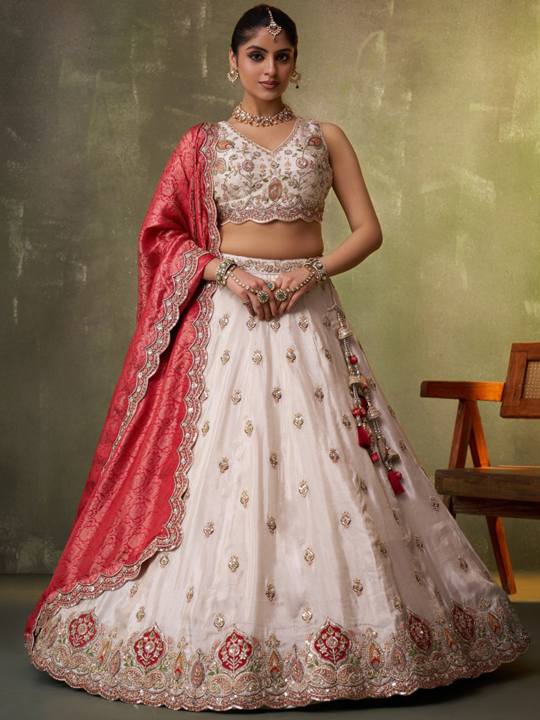 RED - Tissue Fabric Sequins Thread & Embroidery Lehenga & Unstitched Blouse With Dupatta