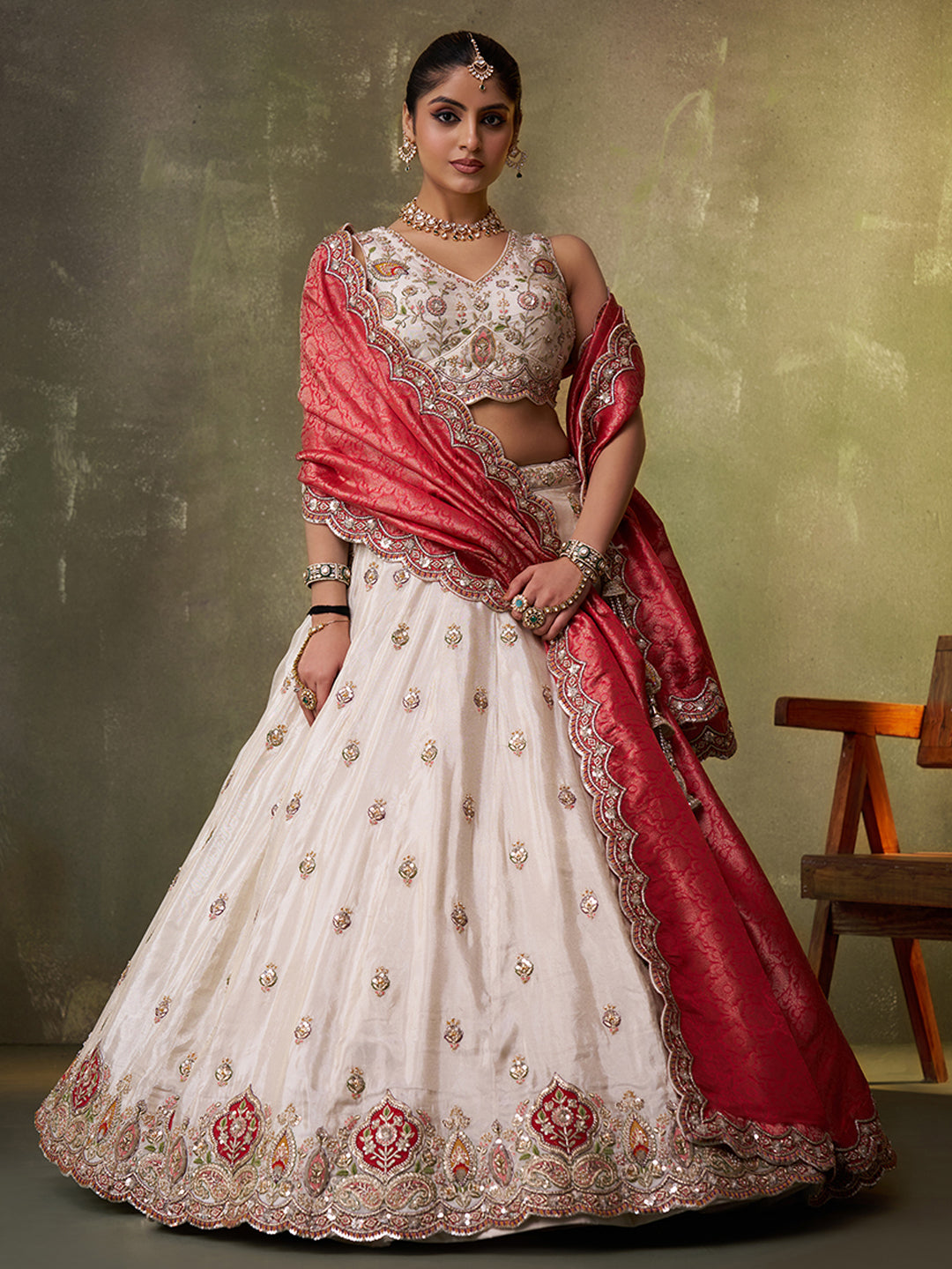RED - Tissue Fabric Sequins Thread & Embroidery Lehenga & Unstitched Blouse With Dupatta