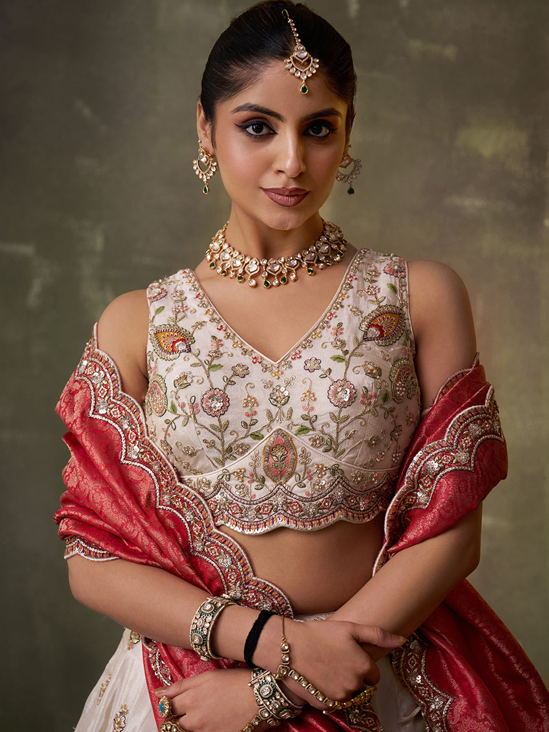 RED - Tissue Fabric Sequins Thread & Embroidery Lehenga & Unstitched Blouse With Dupatta