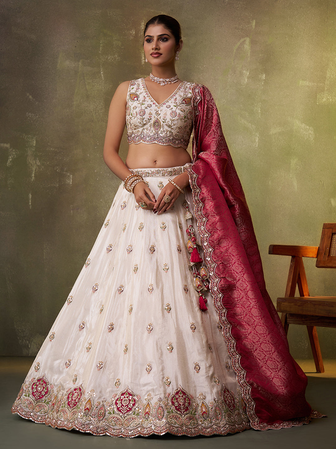 PINK - Tissue Fabric Sequins Thread & Embroidery Semi-Stitched Lehenga & Unstitched Blouse With Dupatta