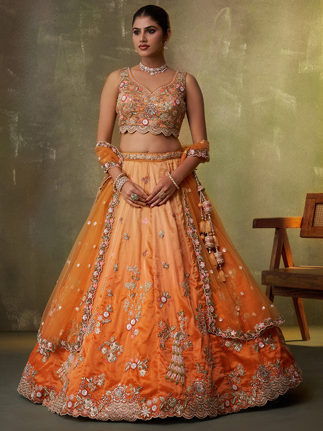 ORANGE - Tissue Fabric Sequins embroidery Lehenga & Unstitched Blouse With Dupatta
