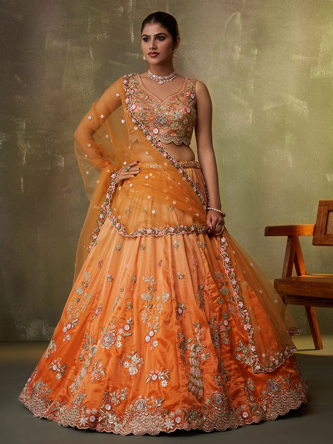 ORANGE - Tissue Fabric Sequins embroidery Lehenga & Unstitched Blouse With Dupatta