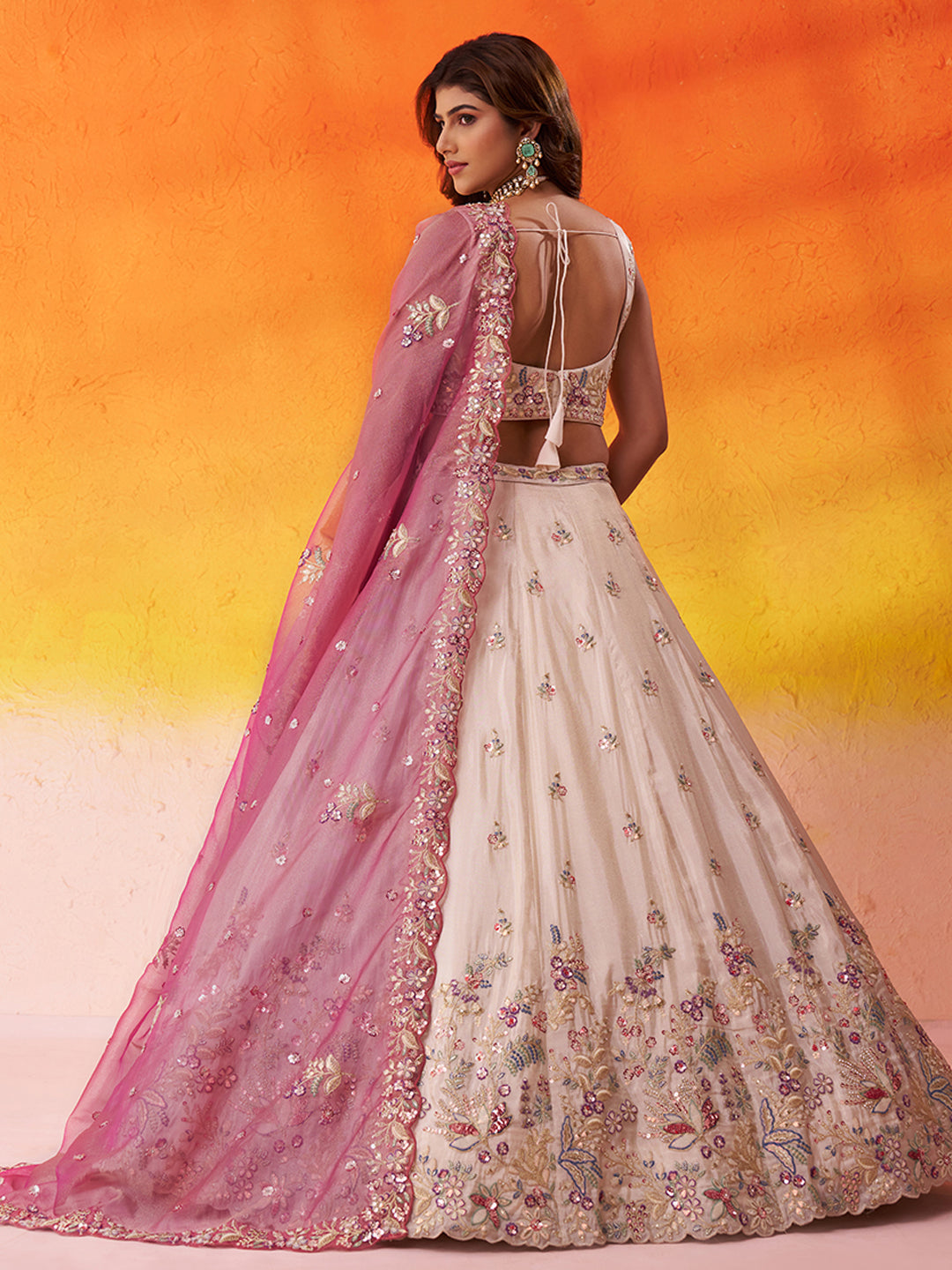 PINK - Tissue Fabric Sequins & Embroidery Semi-Stitched Lehenga & Unstitched Blouse With Dupatta
