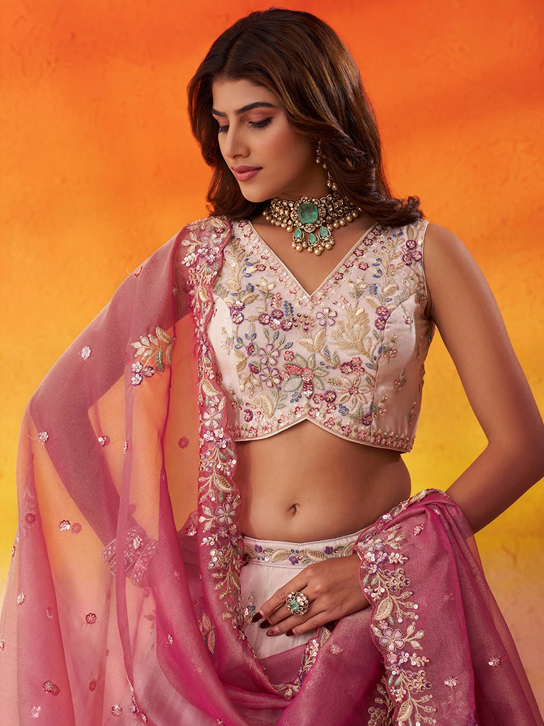 PINK - Tissue Fabric Sequins & Embroidery Semi-Stitched Lehenga & Unstitched Blouse With Dupatta