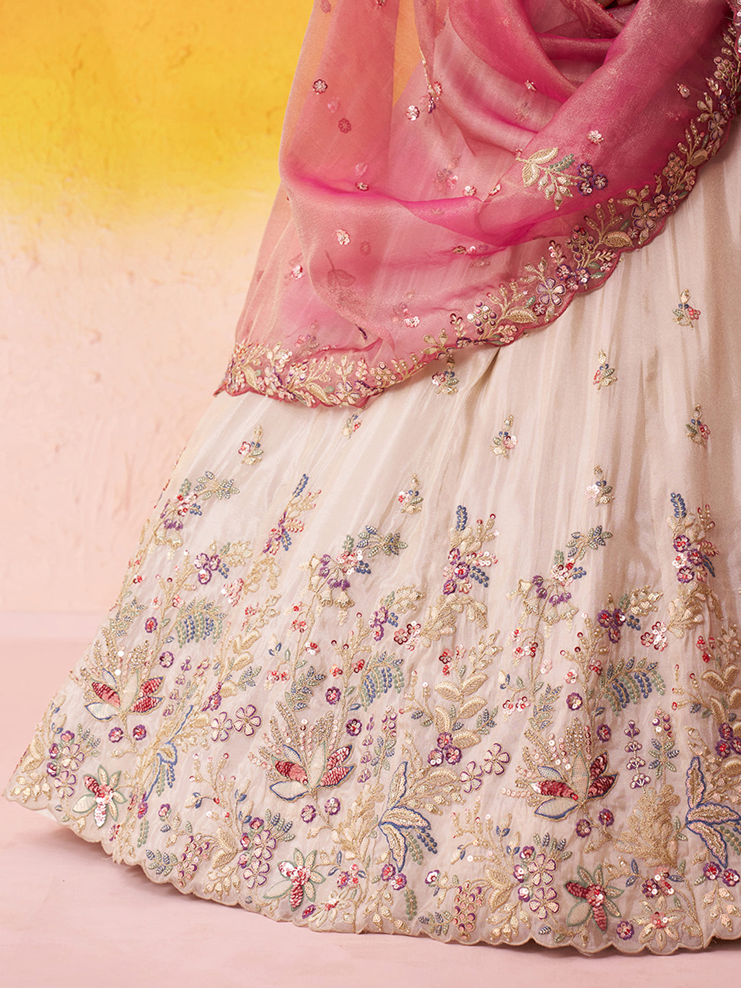 PINK - Tissue Fabric Sequins & Embroidery Semi-Stitched Lehenga & Unstitched Blouse With Dupatta