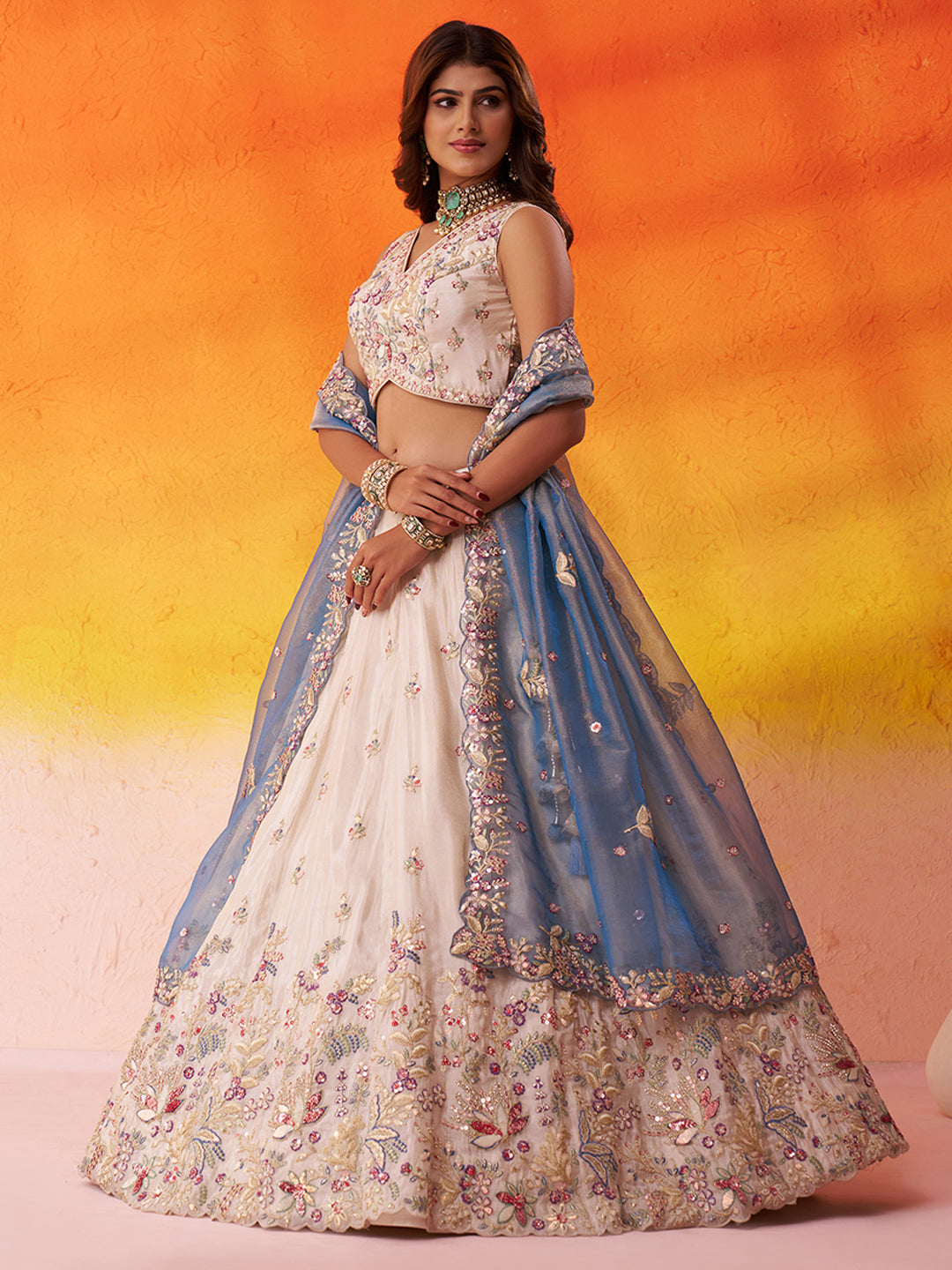 BLUE - Tissue Fabric Sequins & Embroidery Lehenga & Unstitched Blouse With Dupatta