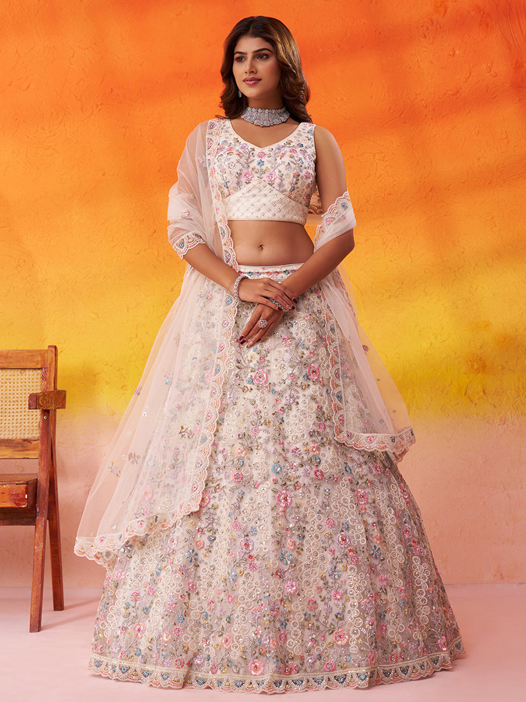 WHITE - Net Fabric Sequins embroidery Lehenga & Unstitched Blouse With Dupatta
