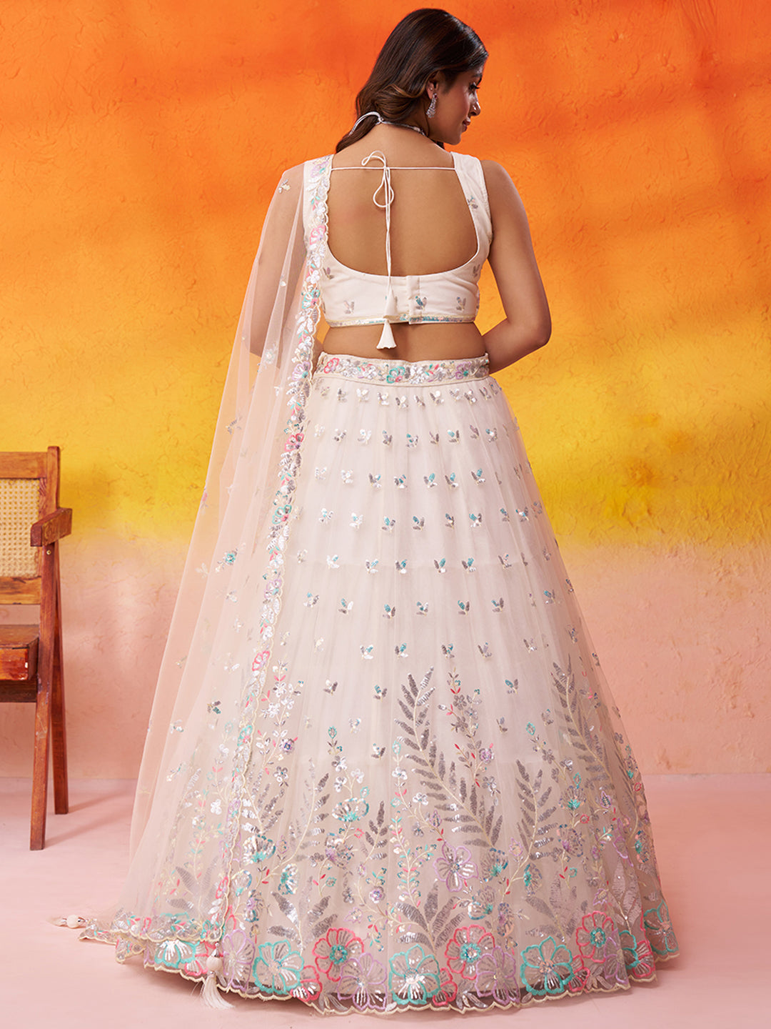 CREAM -Net Fabric Sequins Thread & Embroidery Semi-Stitched Lehenga & Unstitched Blouse With Dupatta