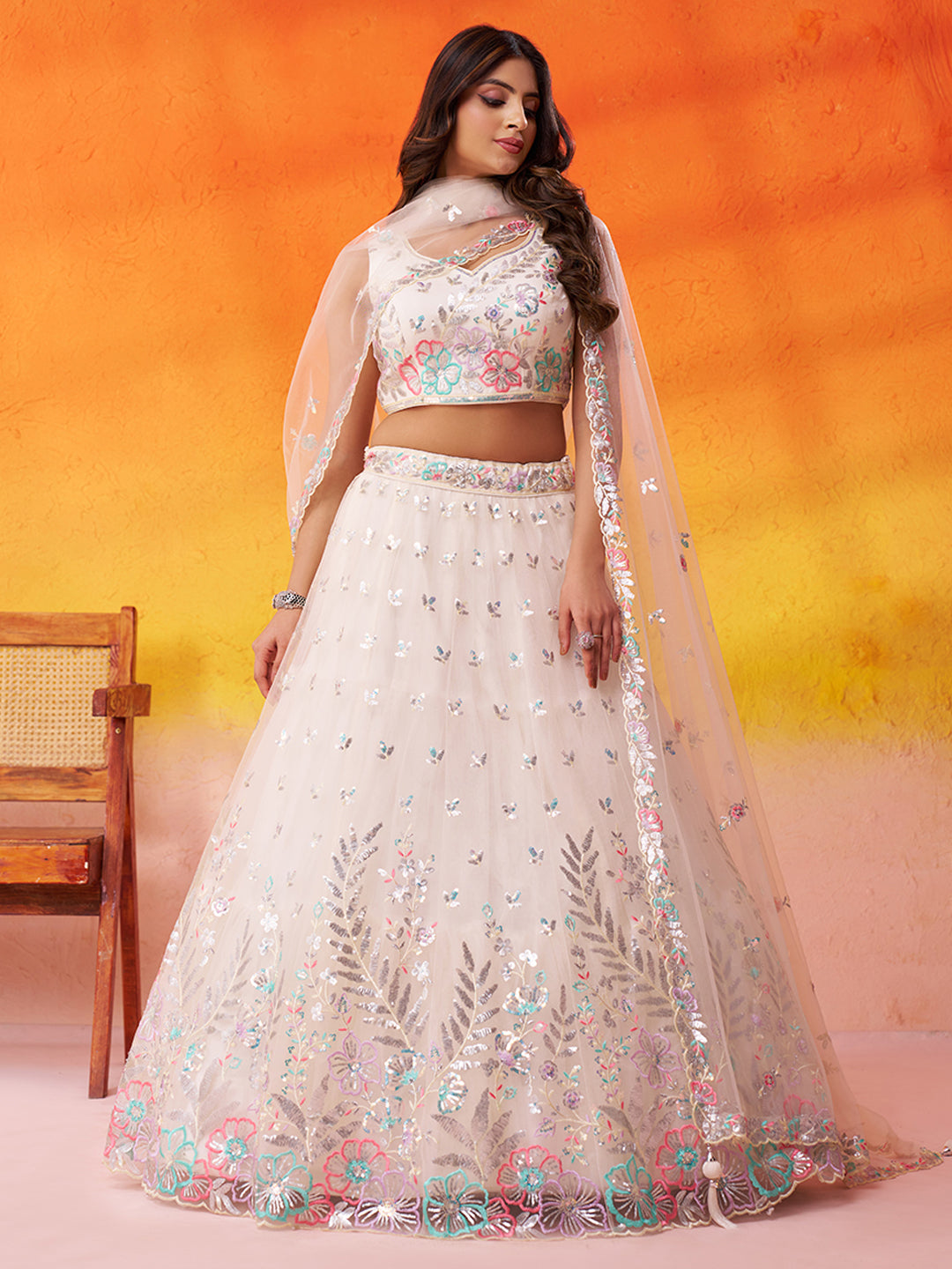 CREAM -Net Fabric Sequins Thread & Embroidery Semi-Stitched Lehenga & Unstitched Blouse With Dupatta