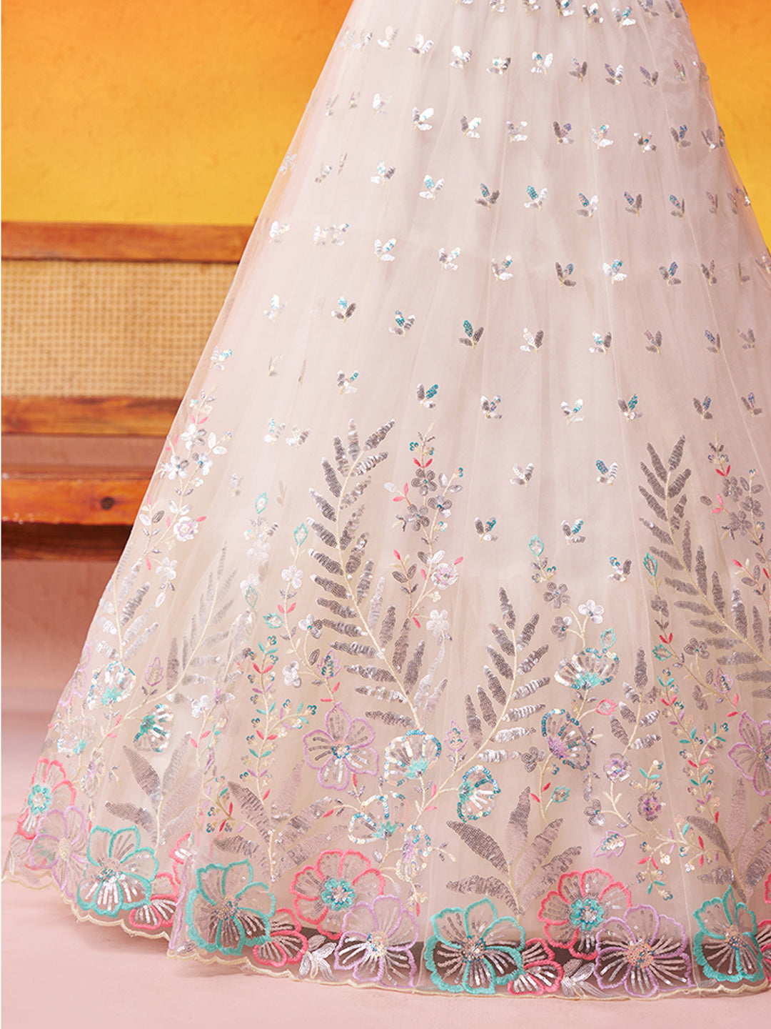 CREAM -Net Fabric Sequins Thread & Embroidery Semi-Stitched Lehenga & Unstitched Blouse With Dupatta