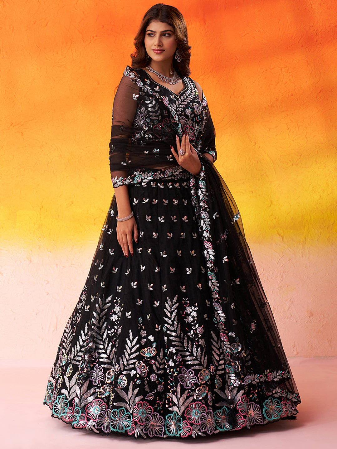 BLACK - Net Fabric Sequins Thread & Embroidery Lehenga & Unstitched Blouse With Dupatta