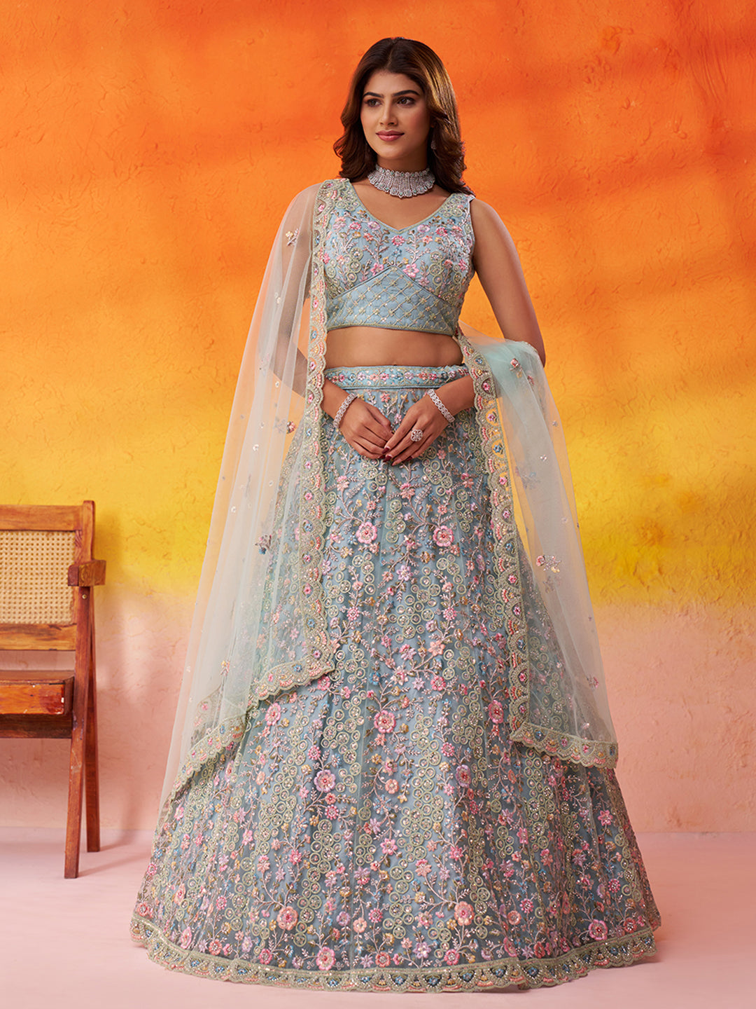 SEAGREEN - Net Fabric Sequins embroidery Lehenga & Unstitched Blouse With Dupatta