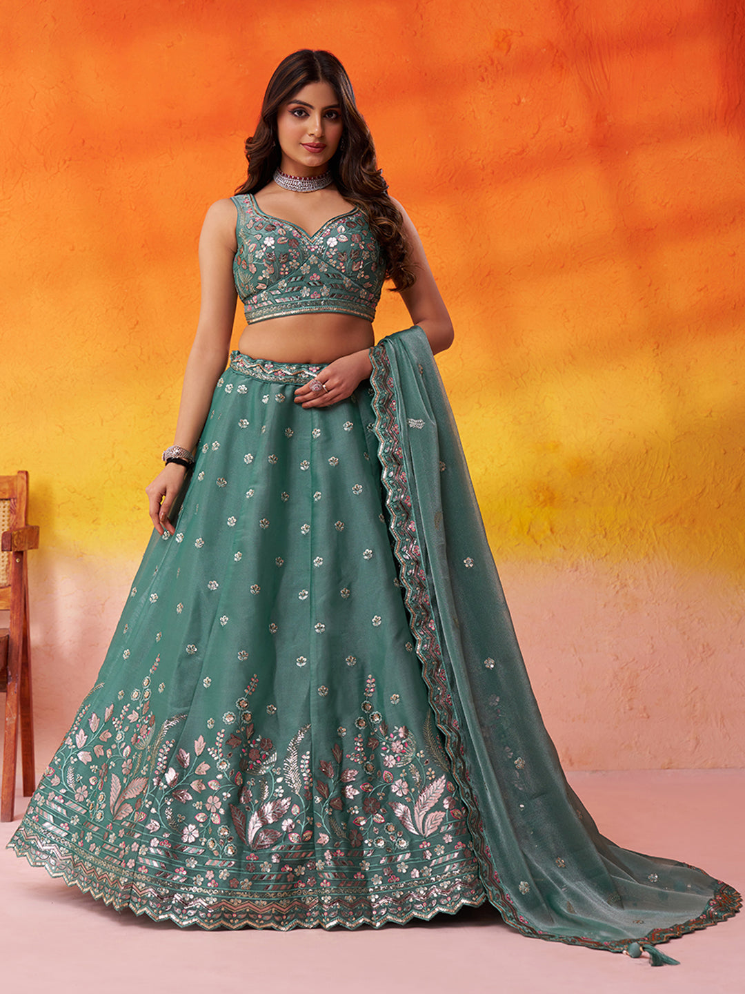 GREEN - Organza Fabric Sequins & Embroidery Semi-Stitched Lehenga & Unstitched Blouse With Dupatta