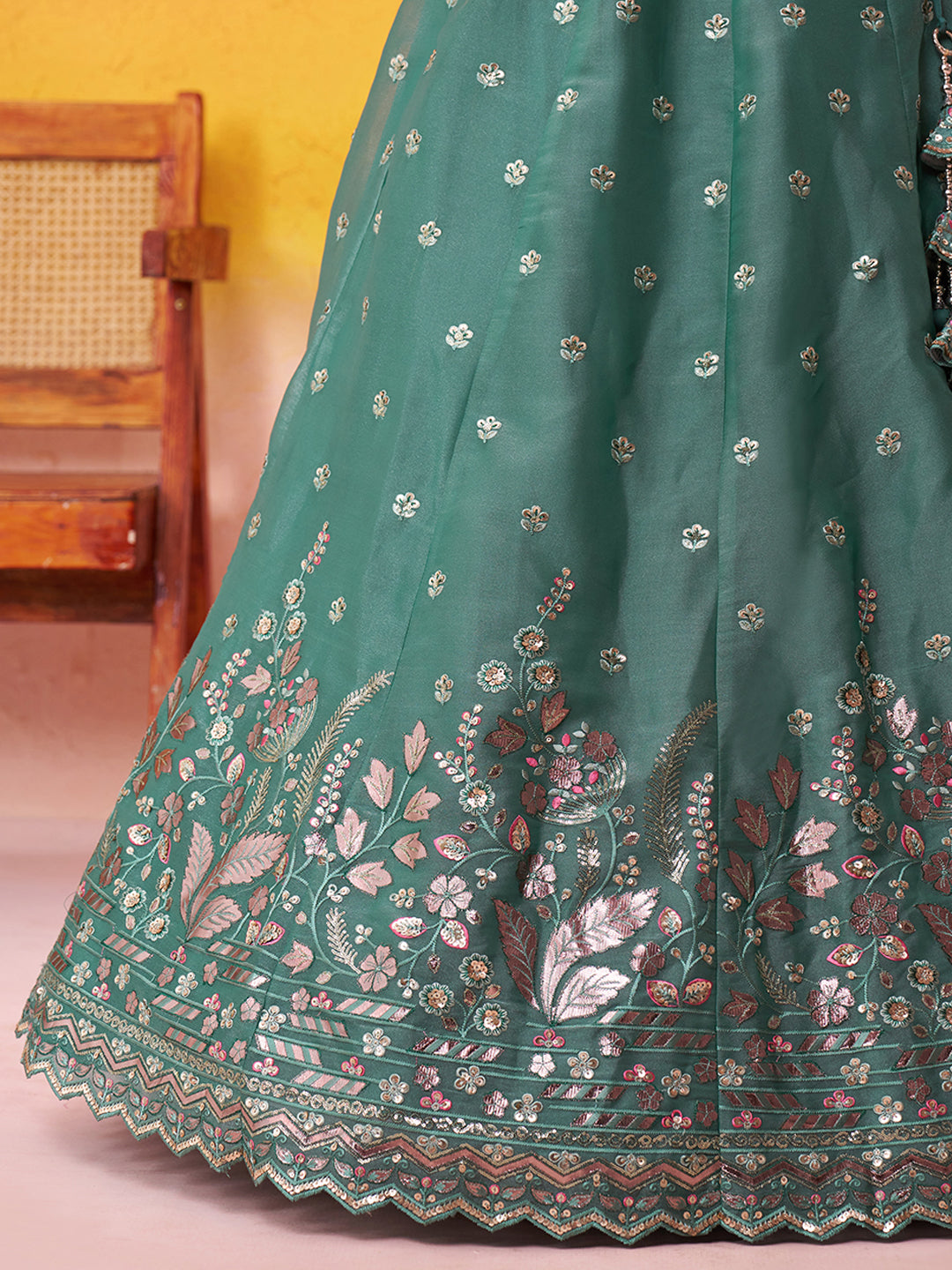 GREEN - Organza Fabric Sequins & Embroidery Semi-Stitched Lehenga & Unstitched Blouse With Dupatta