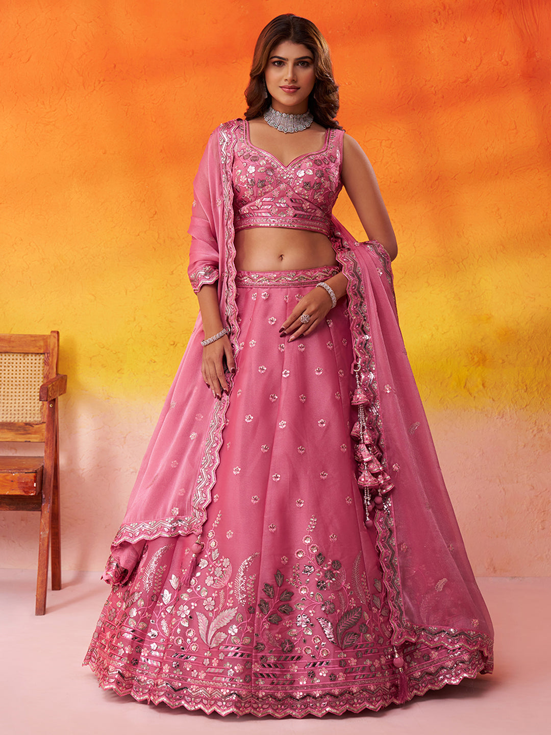 PINK - Organza Fabric Sequins & Embroidery Semi-Stitched Lehenga & Unstitched Blouse With Dupatta