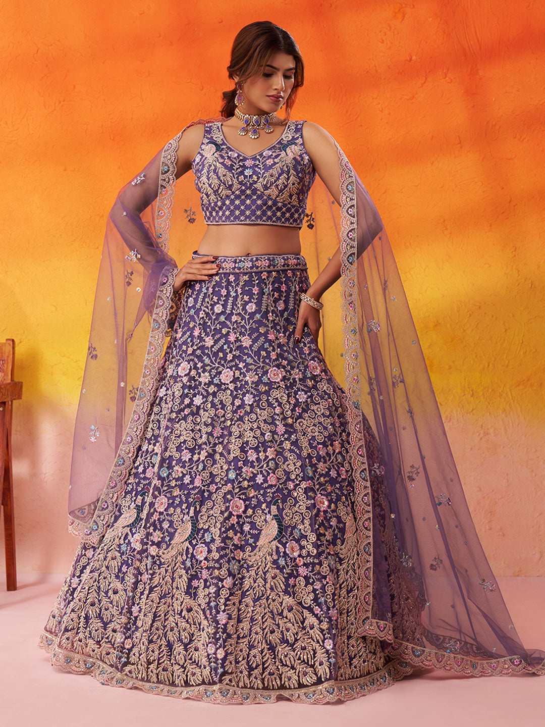 PURPLE - Net Fabric Sequins embroidery Semi-Stitched Lehenga & Unstitched Blouse With Dupatta