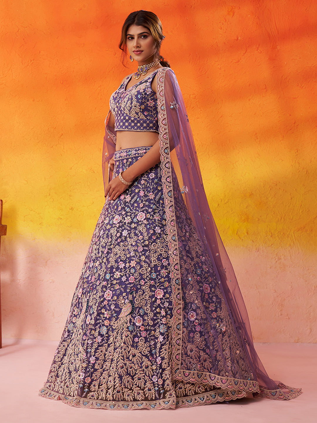 PURPLE - Net Fabric Sequins embroidery Lehenga & Unstitched Blouse With Dupatta