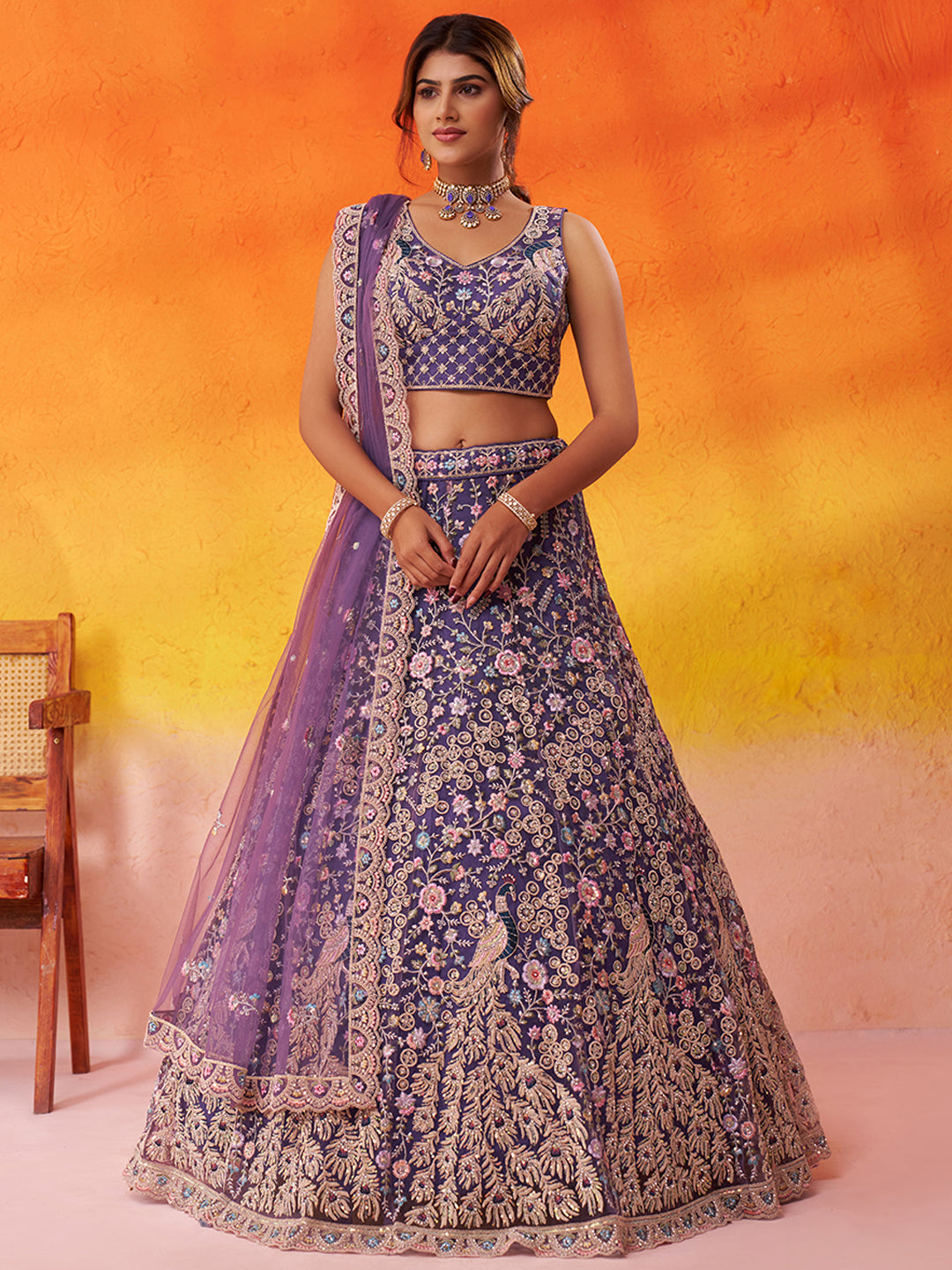 PURPLE - Net Fabric Sequins embroidery Lehenga & Unstitched Blouse With Dupatta