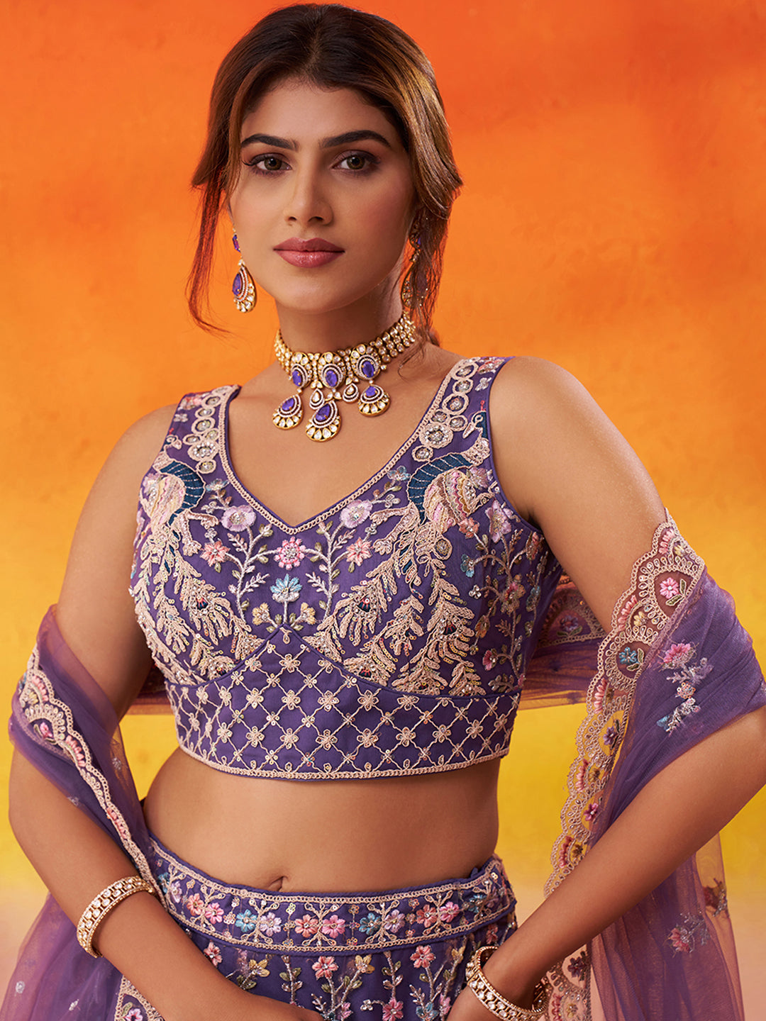 PURPLE - Net Fabric Sequins embroidery Lehenga & Unstitched Blouse With Dupatta