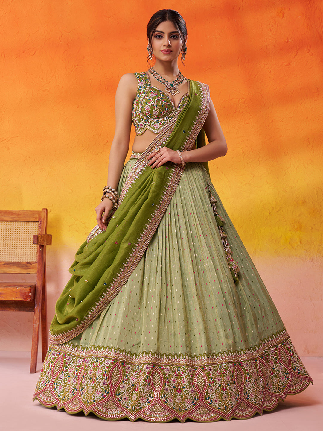 LIMEGREEN - Jacquard Tissue Sequins Thread Lehenga & Unstitched Blouse With Dupatta