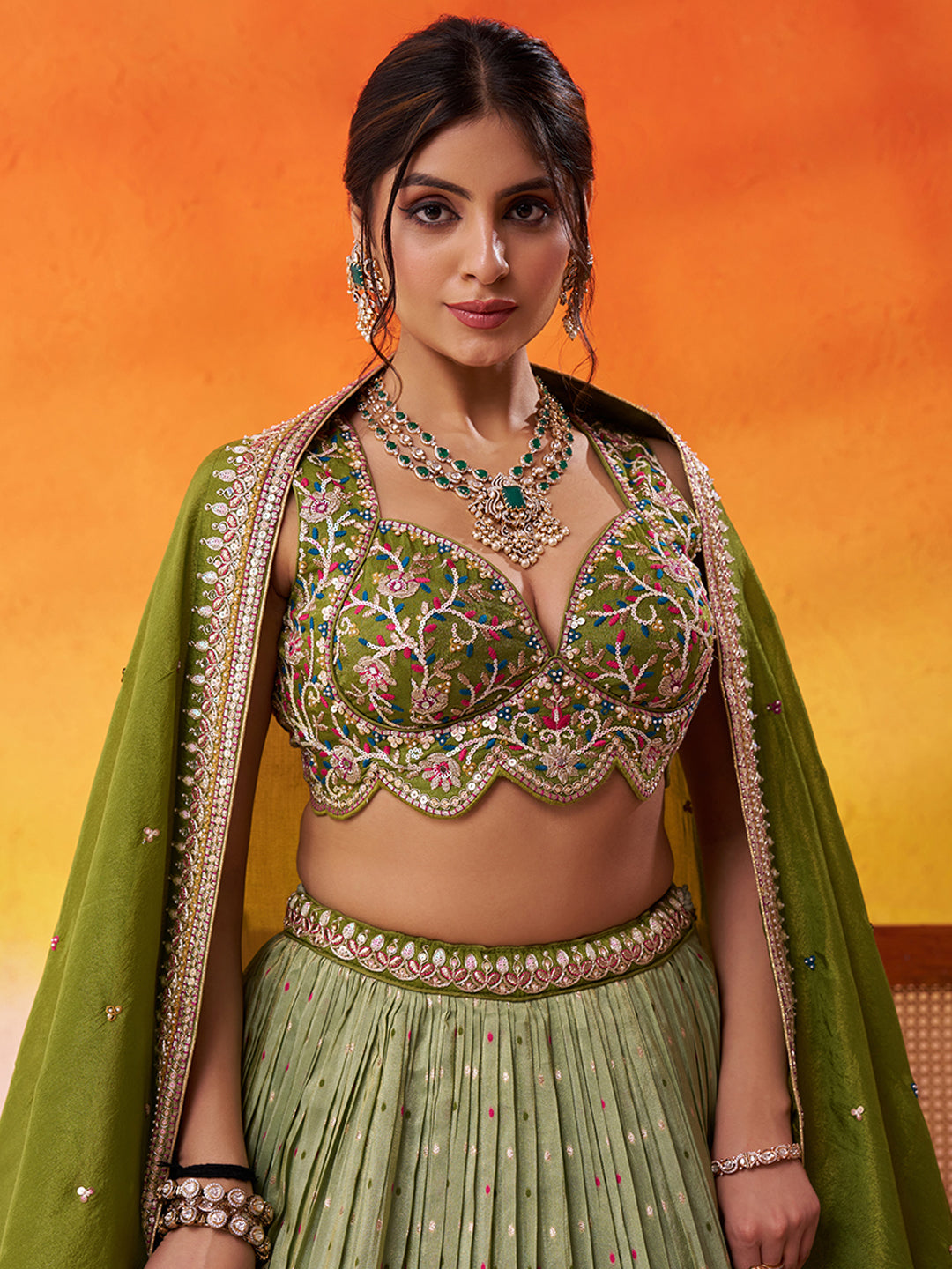 LIMEGREEN - Jacquard Tissue Sequins Thread Lehenga & Unstitched Blouse With Dupatta