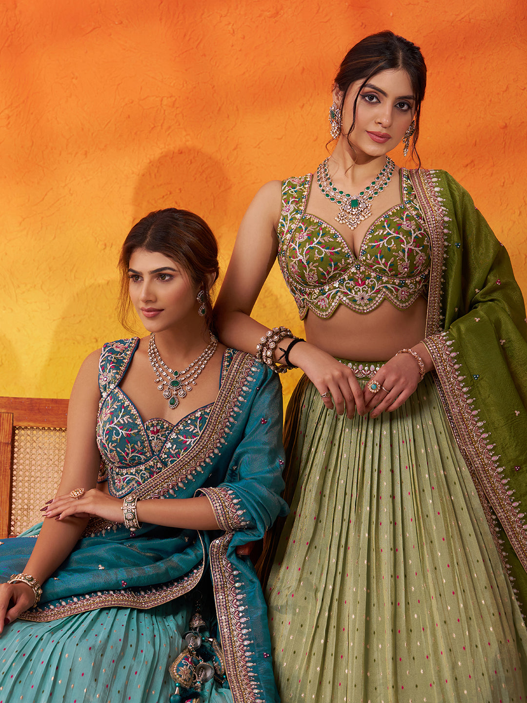 TURQUOISEBLUE - Jacquard Tissue Sequins Thread Lehenga & Unstitched Blouse With Dupatta