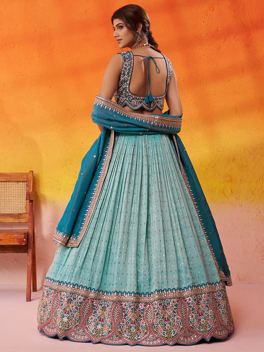 TURQUOISEBLUE - Jacquard Tissue Sequins Thread Lehenga & Unstitched Blouse With Dupatta