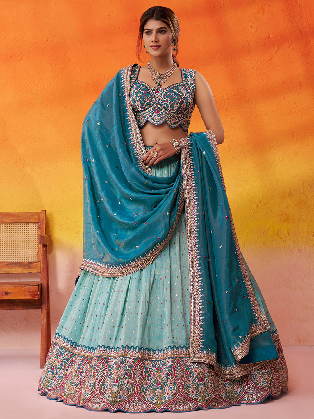 TURQUOISEBLUE - Jacquard Tissue Sequins Thread Lehenga & Unstitched Blouse With Dupatta