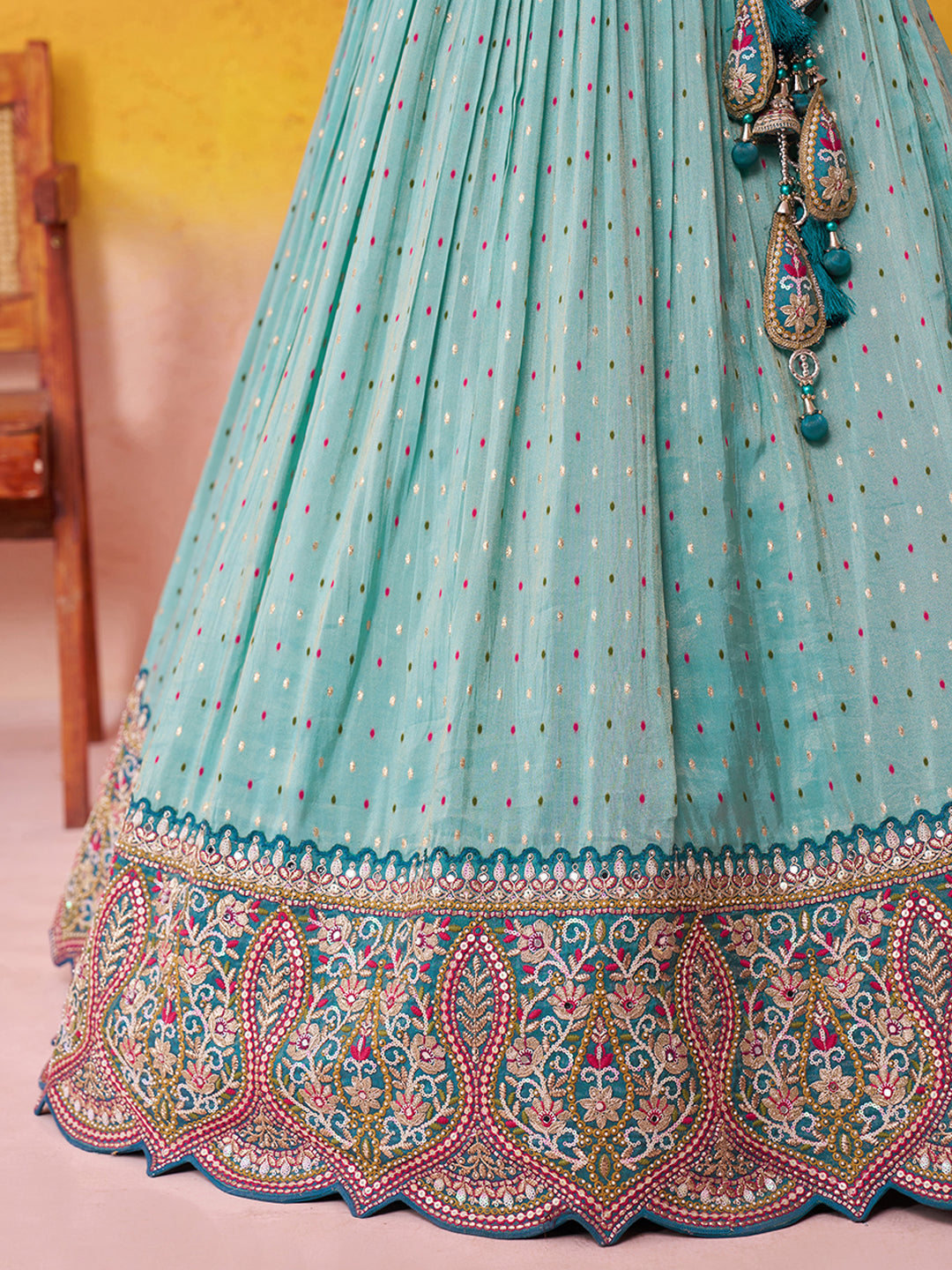 TURQUOISEBLUE - Jacquard Tissue Sequins Thread Lehenga & Unstitched Blouse With Dupatta