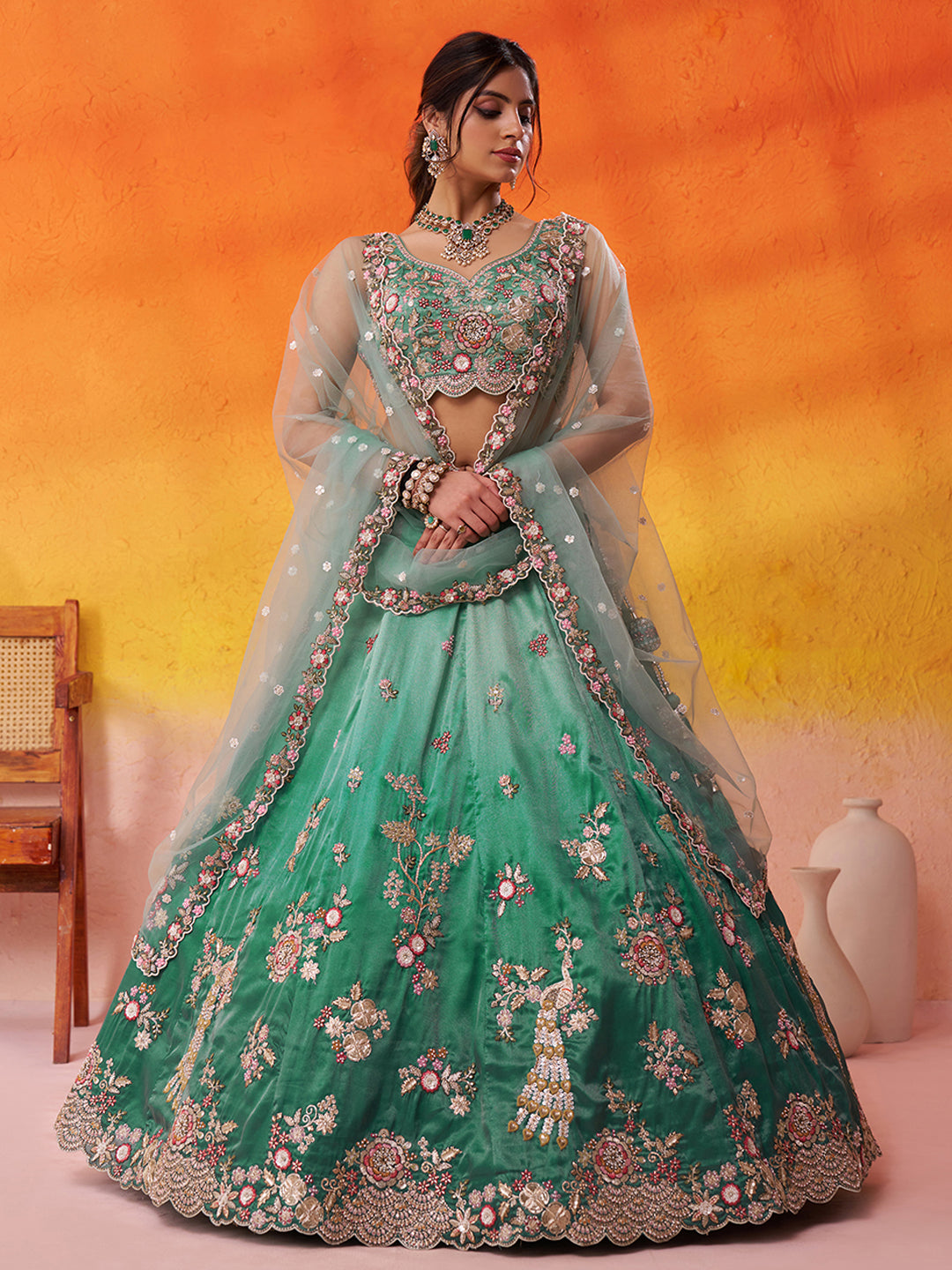 GREEN - Tissue Fabric Sequins embroidery Lehenga & Unstitched Blouse With Dupatta
