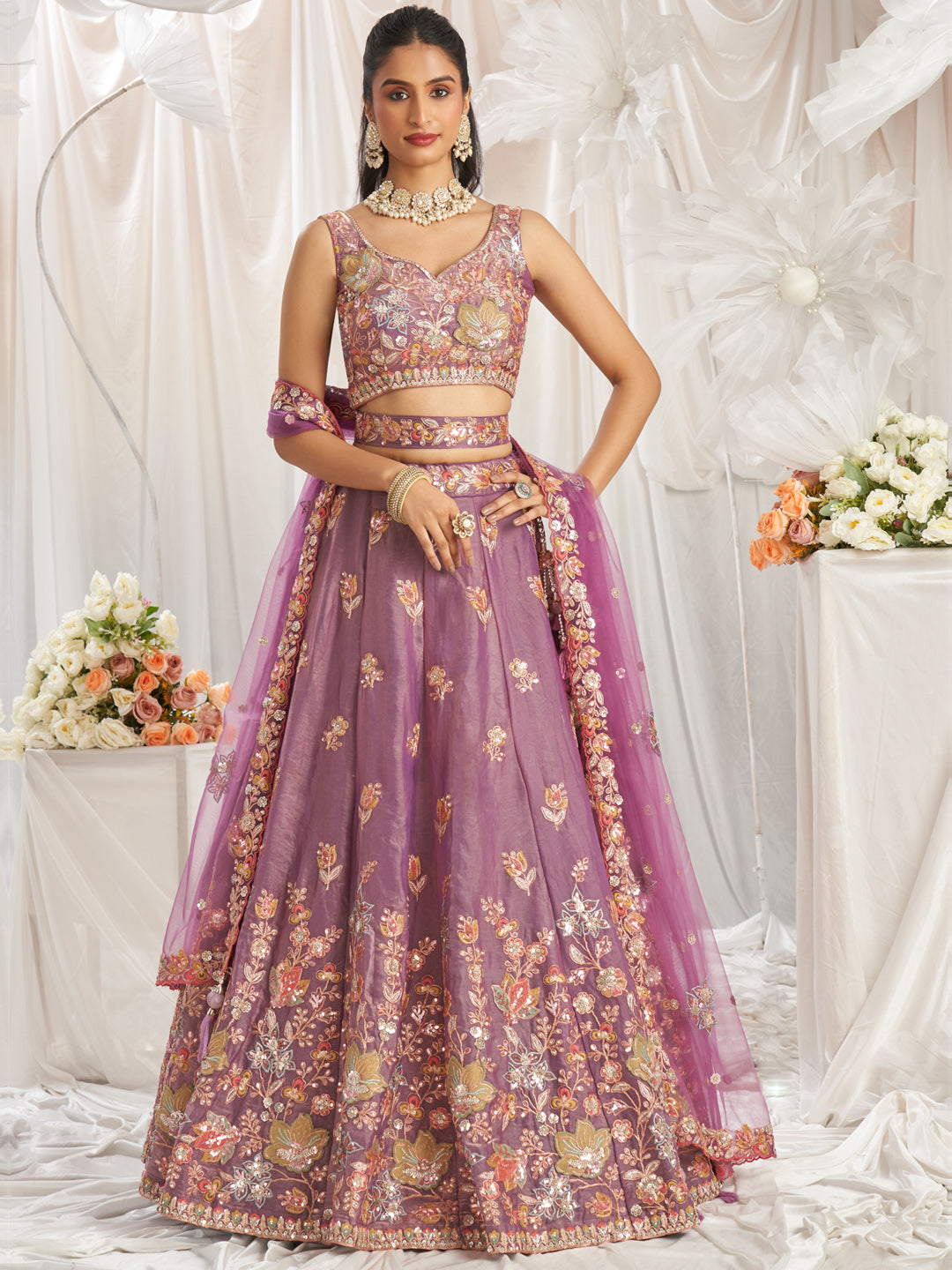 Lavender - Organza Patch type work Embroidered Using Golden Color Sequin,Multi-Thread Semi-Stitched Lehenga Choli