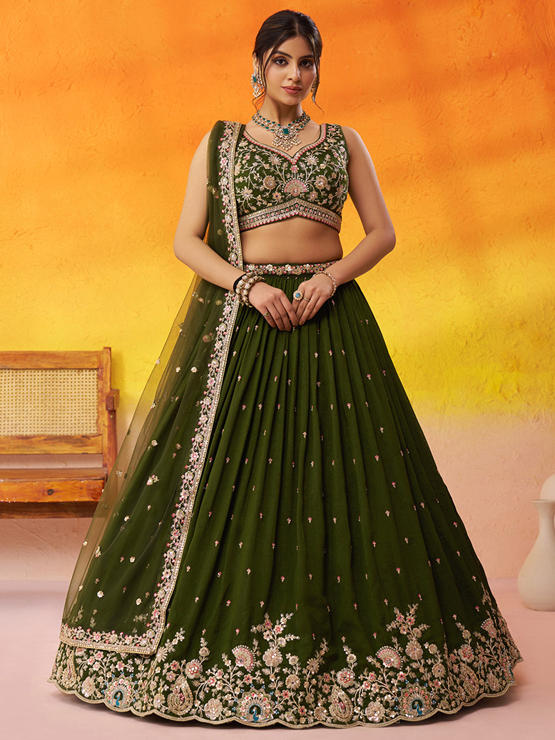 OLIVE - Georgette Fabric Sequins Thread & Embroidery Lehenga & Unstitched Blouse With Dupatta