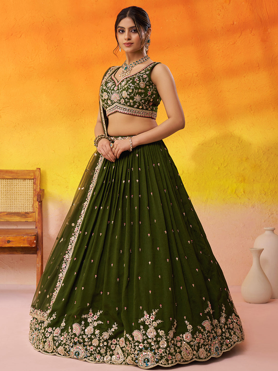 OLIVE - Georgette Fabric Sequins Thread & Embroidery Lehenga & Unstitched Blouse With Dupatta