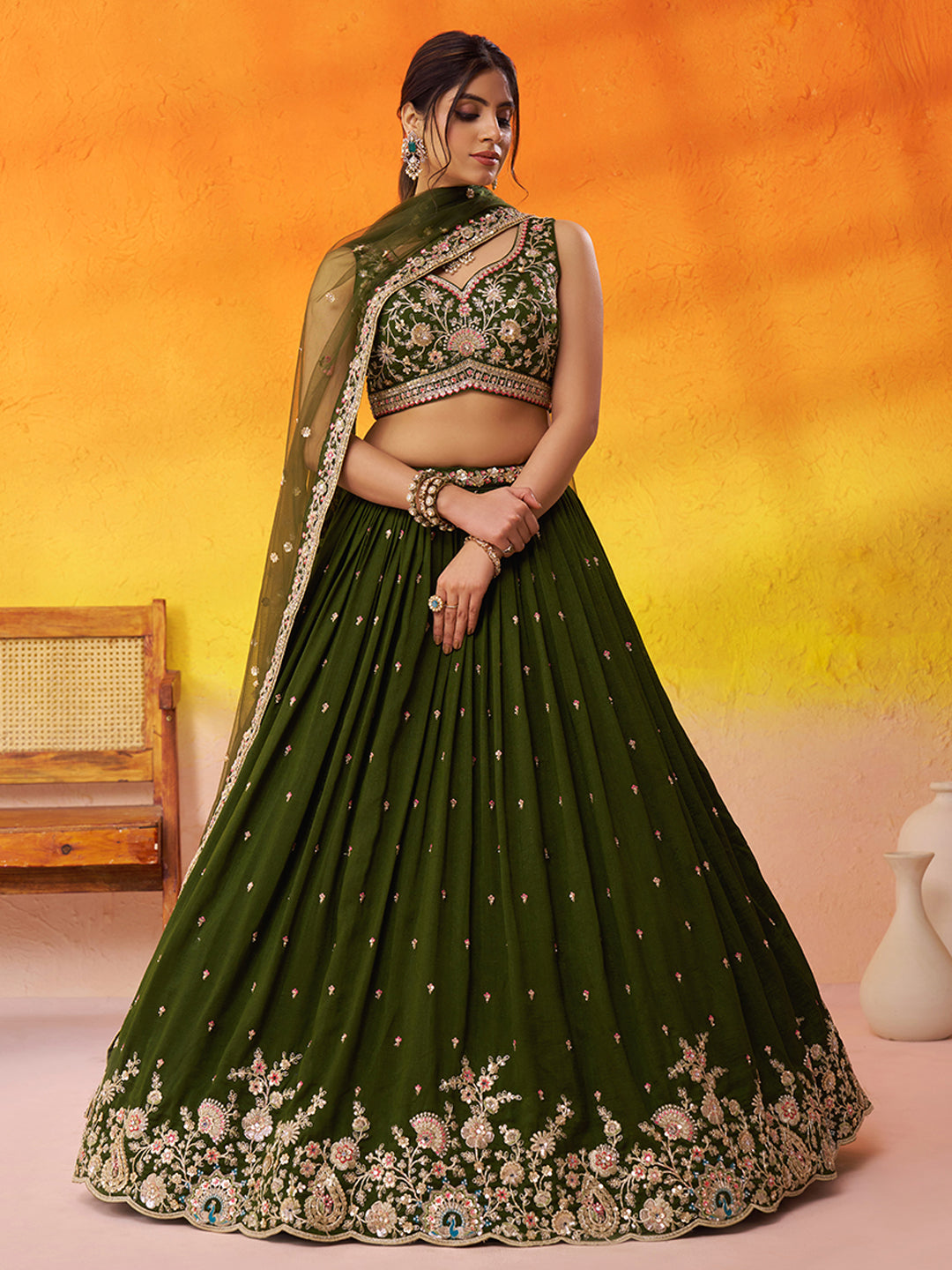 OLIVE - Georgette Fabric Sequins Thread & Embroidery Lehenga & Unstitched Blouse With Dupatta