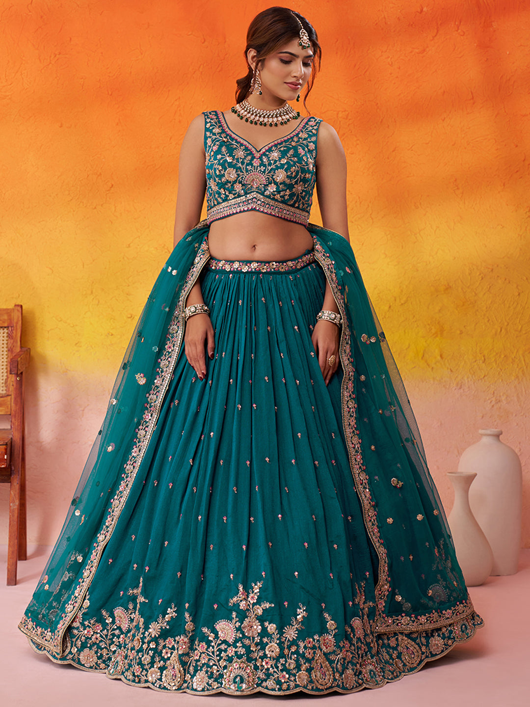 TEAL - Georgette Fabric Sequins Thread & Embroidery Lehenga & Unstitched Blouse With Dupatta