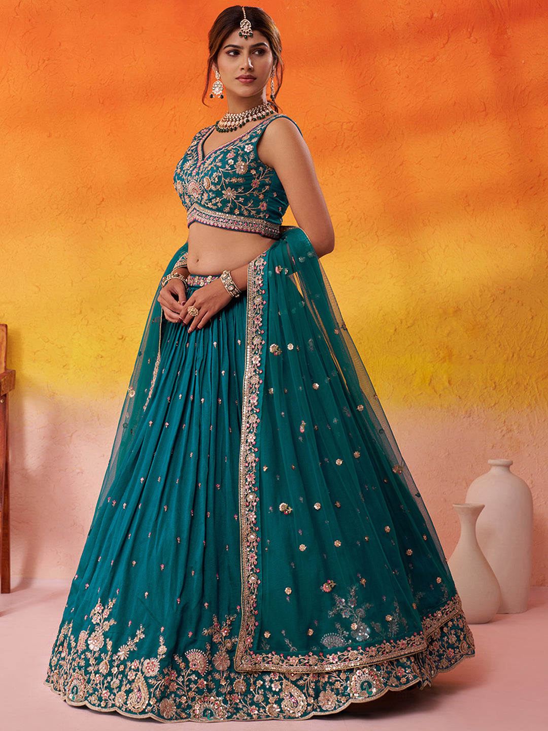 TEAL - Georgette Fabric Sequins Thread & Embroidery Lehenga & Unstitched Blouse With Dupatta