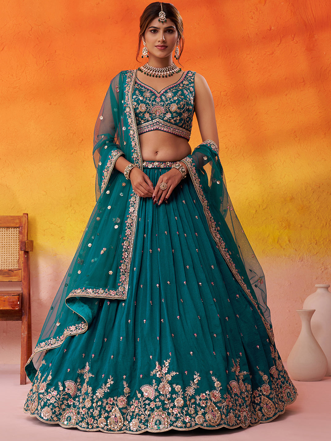 TEAL - Georgette Fabric Sequins Thread & Embroidery Lehenga & Unstitched Blouse With Dupatta